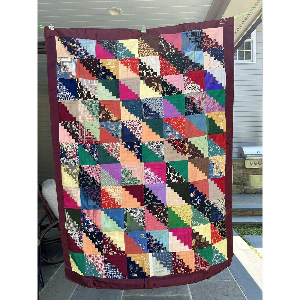 Antique Log Cabin In Rows Quilt Hand Pieced Hand Tied 1930s 40s Silk Rayon